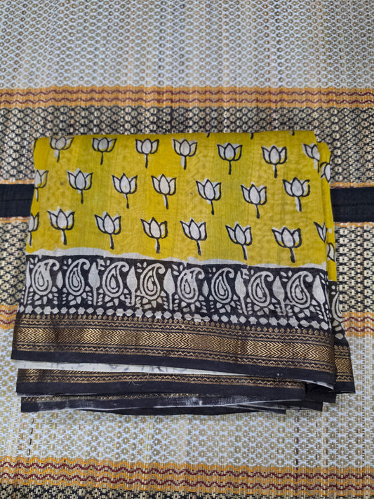 Yellow Maheshwari Silk Saree - Handblock Print - CSS100116