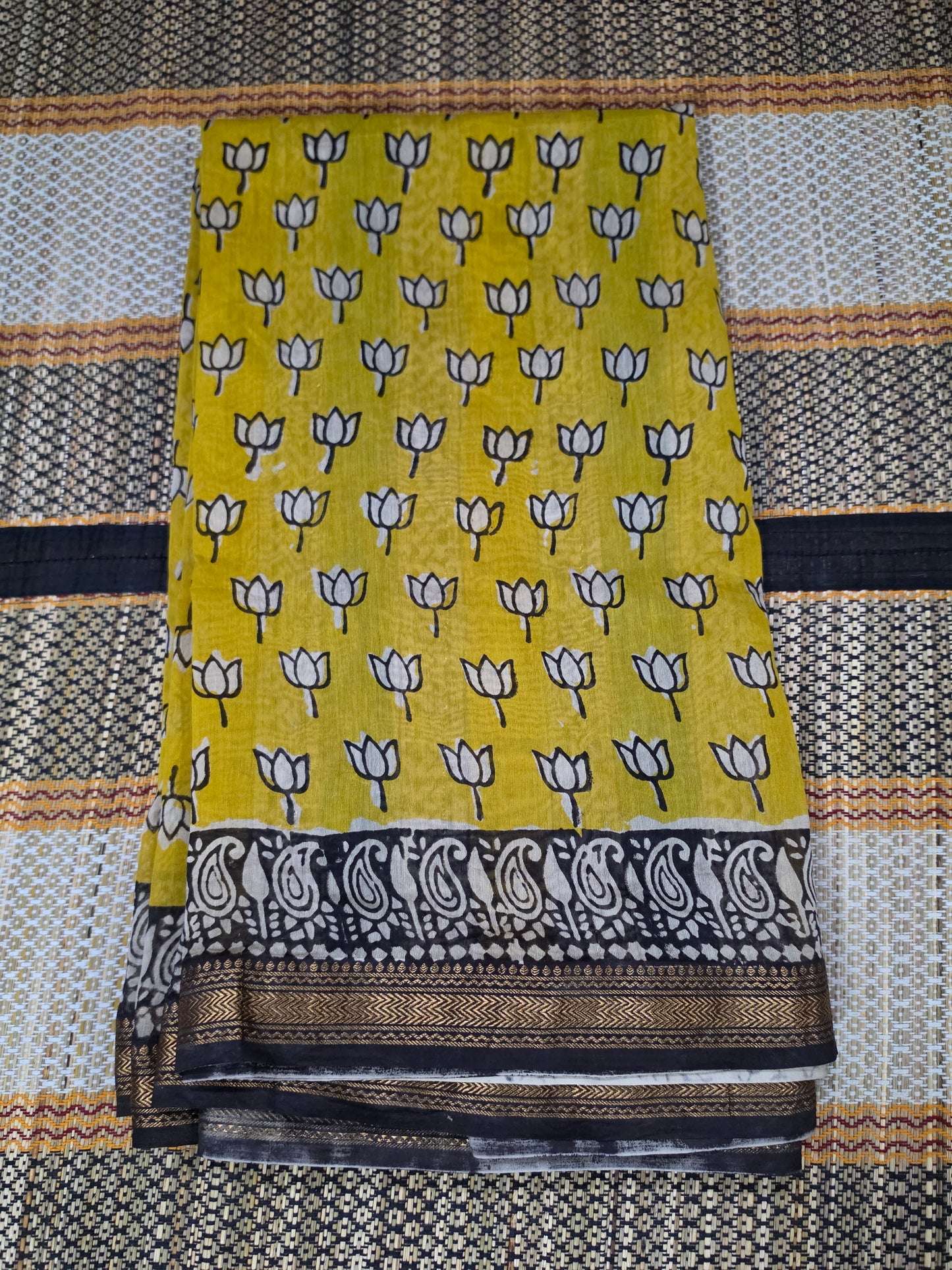Yellow Maheshwari Silk Saree - Handblock Print - CSS100116