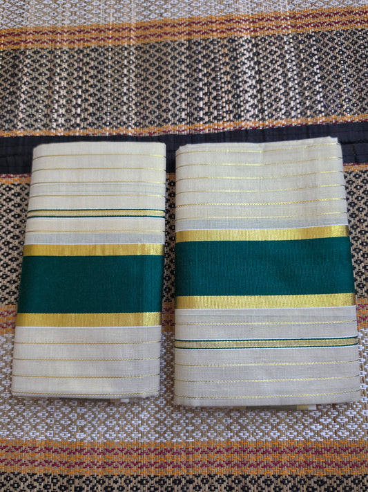 Set Mundu Dark Green and Gold Kasavu with Pinstripes - SMP100094