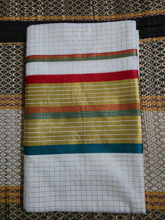 Set Saree Checks Design Golden Red & Green - SSP100119
