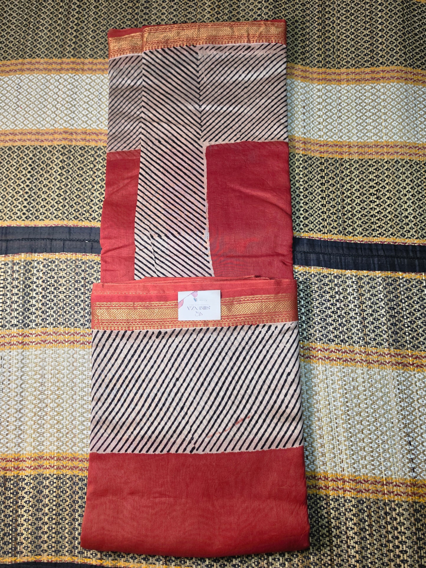 Maheshwari Silk Saree - Red with Black Stripes - Handblock Print - MSS100121