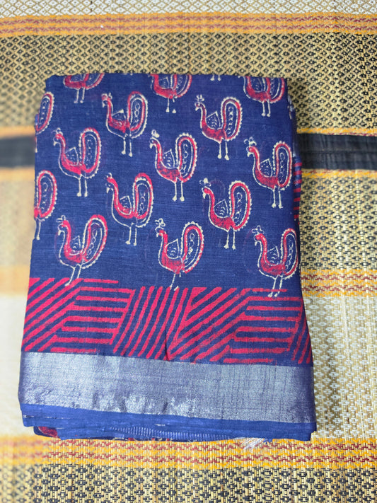Linen Cotton Saree Indigo Blue & Crimson Red Peacock Motif Handblock Print - LCS1000125
