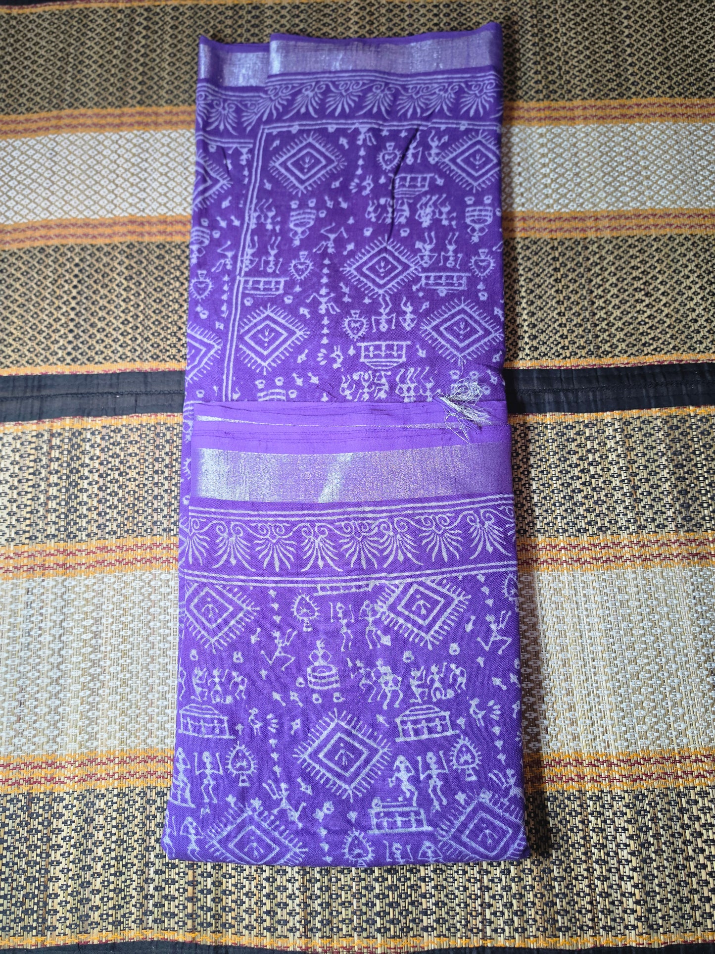 Linen Cotton Saree Vibrant Purple Warli Art Handblock Printed - LCS1000127