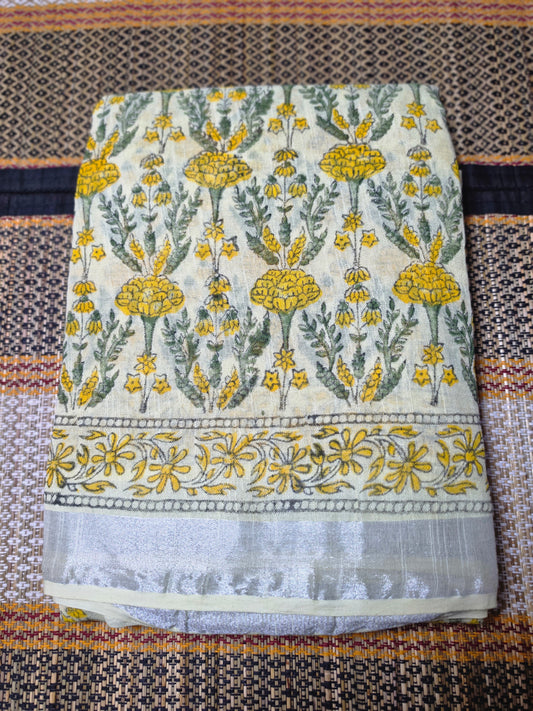 Linen Cotton Saree Cream & Yellow Floral Handblock Printed - LCS1000128