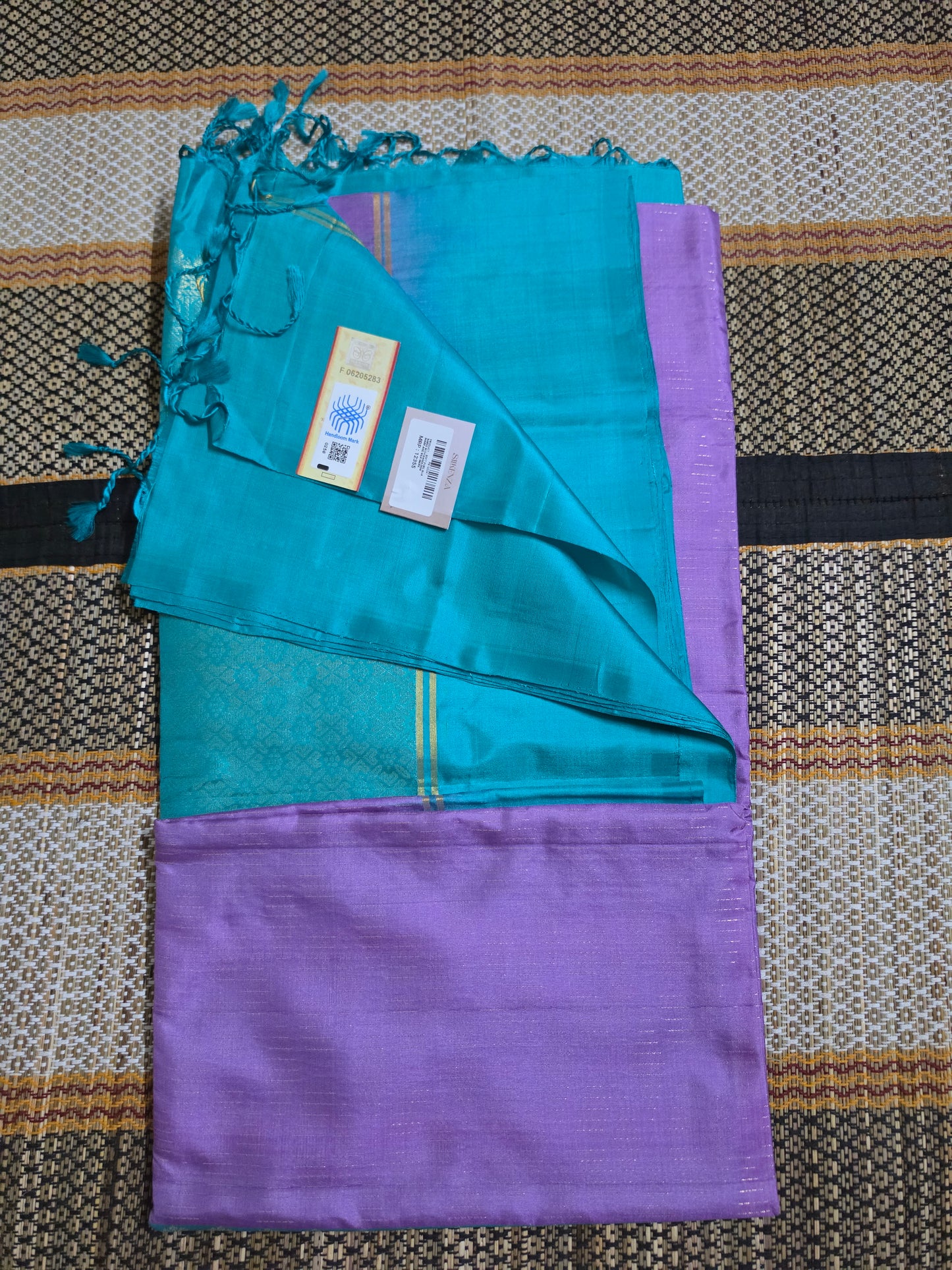 Pure Soft Silk Saree - Lavender Saree with Contrast Turquoise Blue Pallu with Golden Zari Border (Handloom mark and Silk Mark)