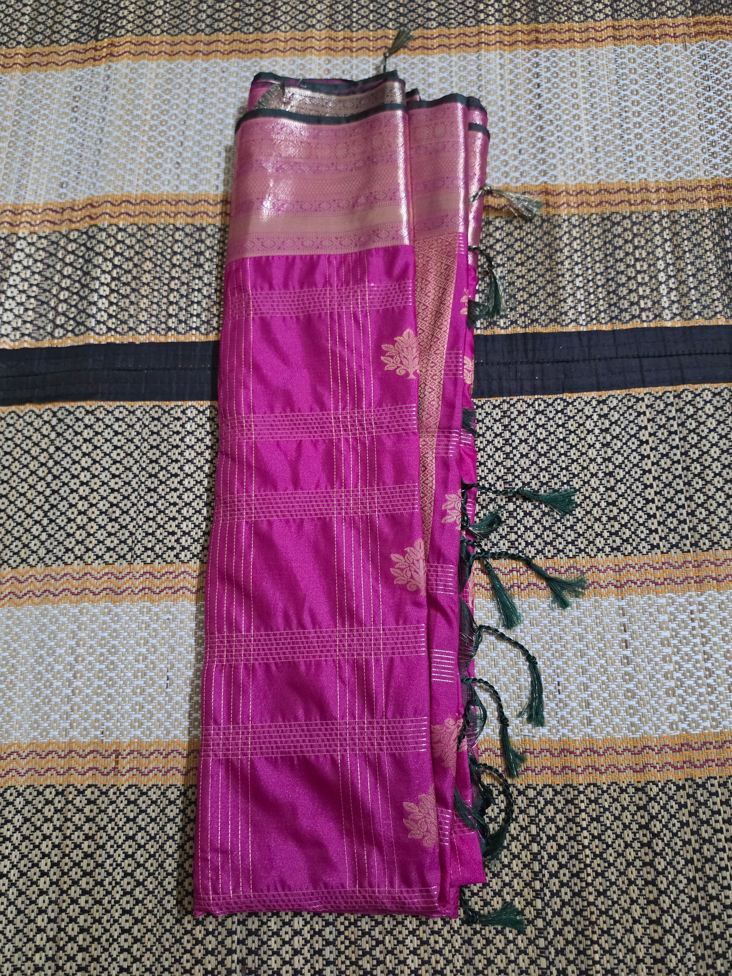 Semi Silk Saree - Rani Pink & Golden line and Leaf Butas - SSS100063