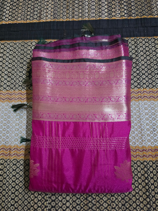 Semi Silk Saree - Rani Pink & Golden line and Leaf Butas - SSS100063