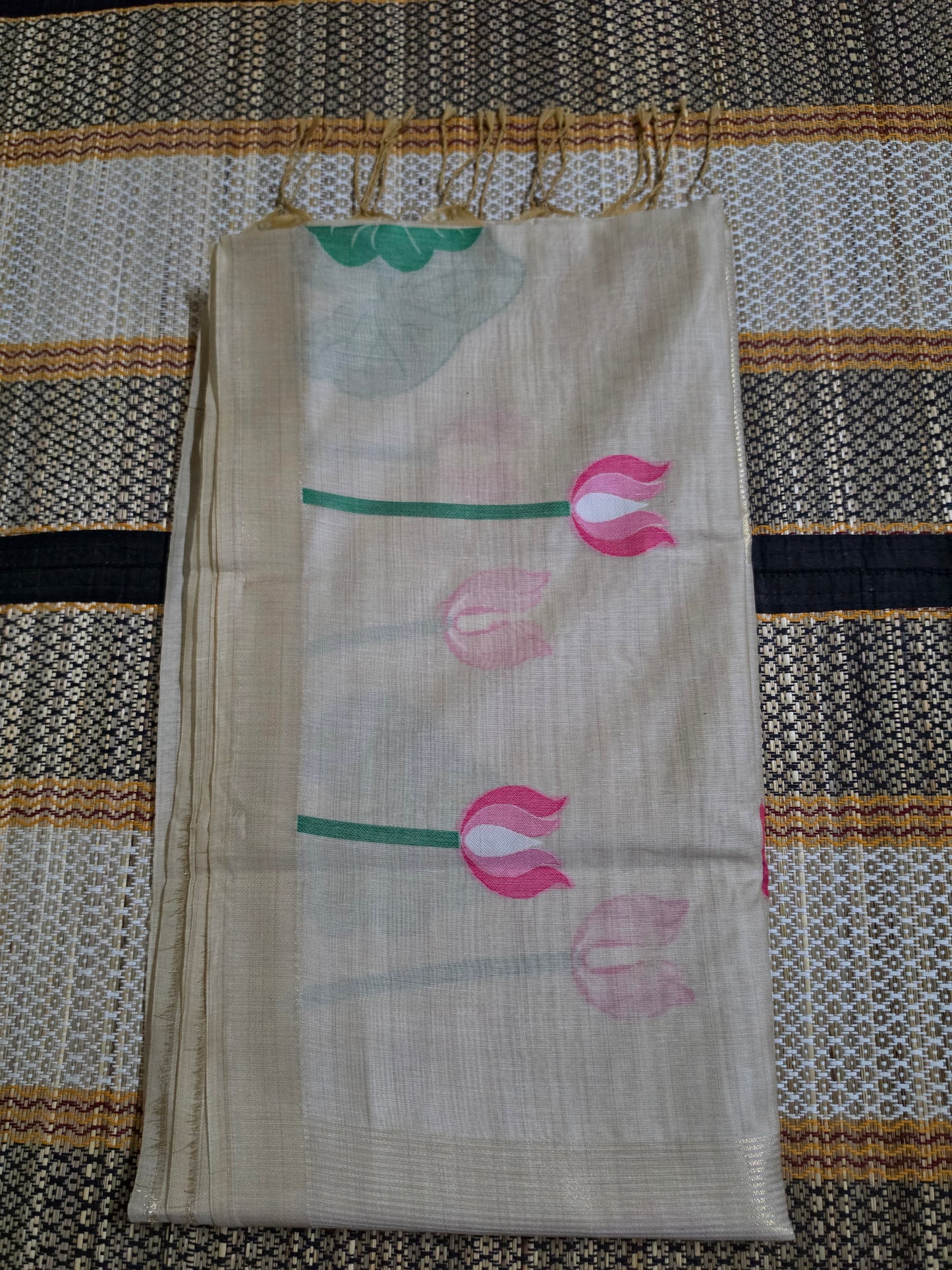 Muga Cotton Silk Saree - Lotus Thread Weaving Golden - MC100105