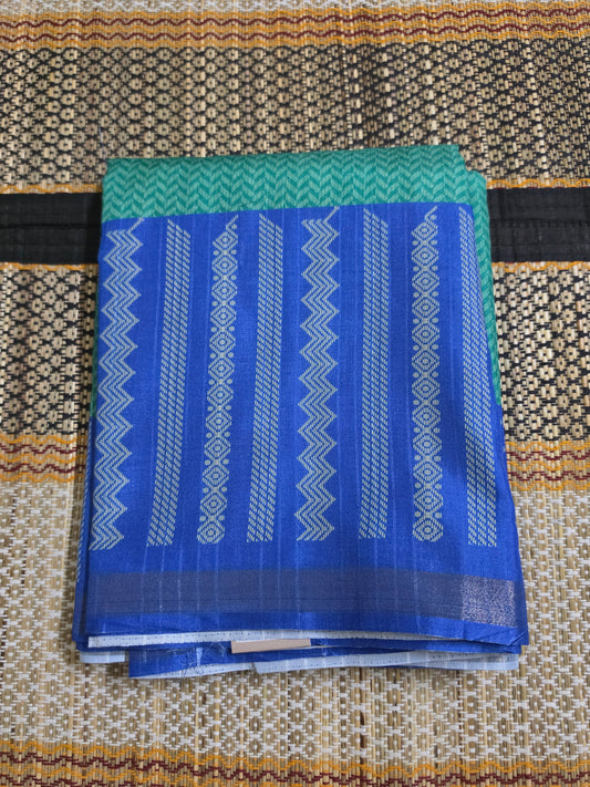 Semi Tusser Saree - Sea Green (Body) - Royal Blue (Pallu & Border) - STS100053