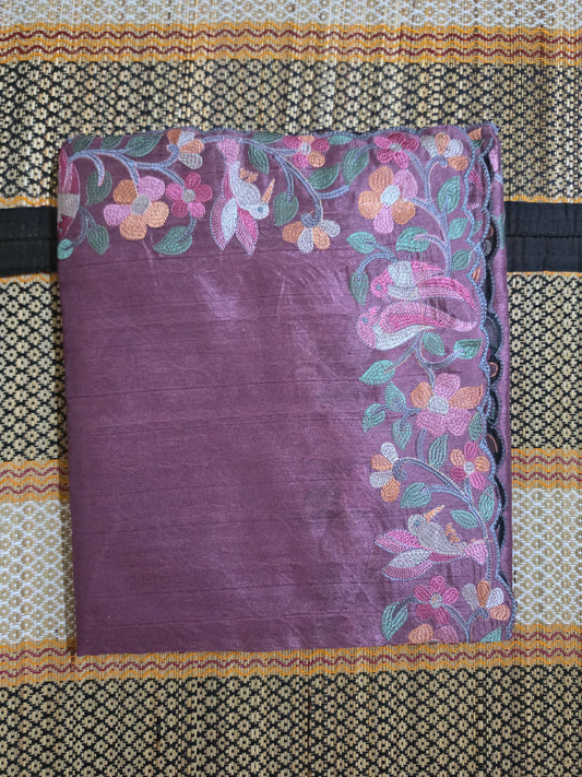 Tussar Silk Saree Embroidered – Wine Purple with Multicolored Threadwork - TSS100144
