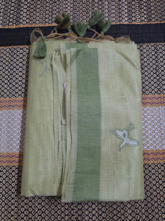Muga Cotton Silk Saree - Pastel Pistachio Green Body - Sage Green Border - Soft Pink & White Accents - MC100055