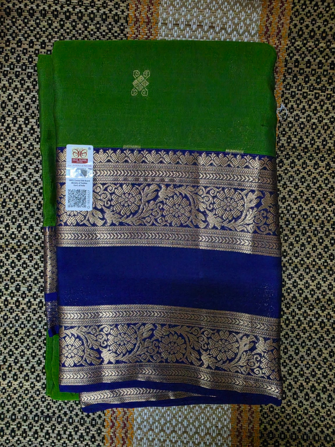 Pure Silk Powerloom Saree - Parrot Green & Royal Blue with Gold Zari - PS100034