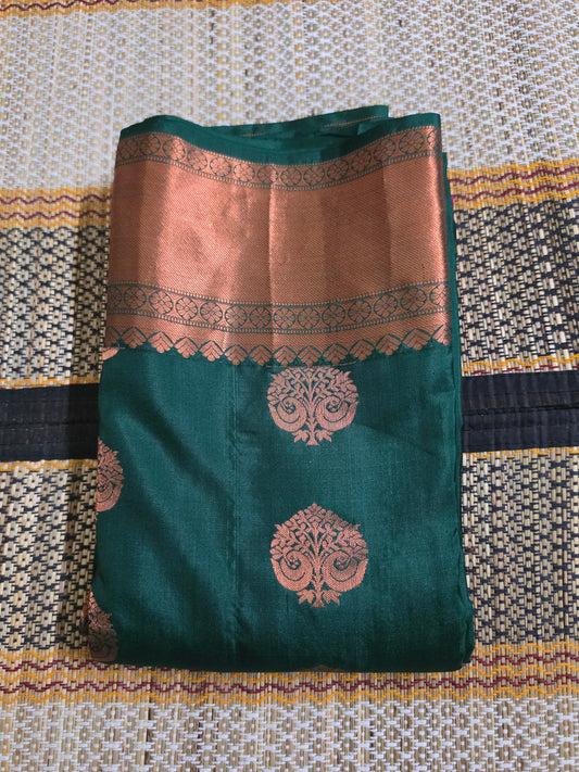Pure Silk Saree certified with the Silk Mark - Dark Green shade with elegant Copper Butas and a stunning Copper Zari Border - PS1000146