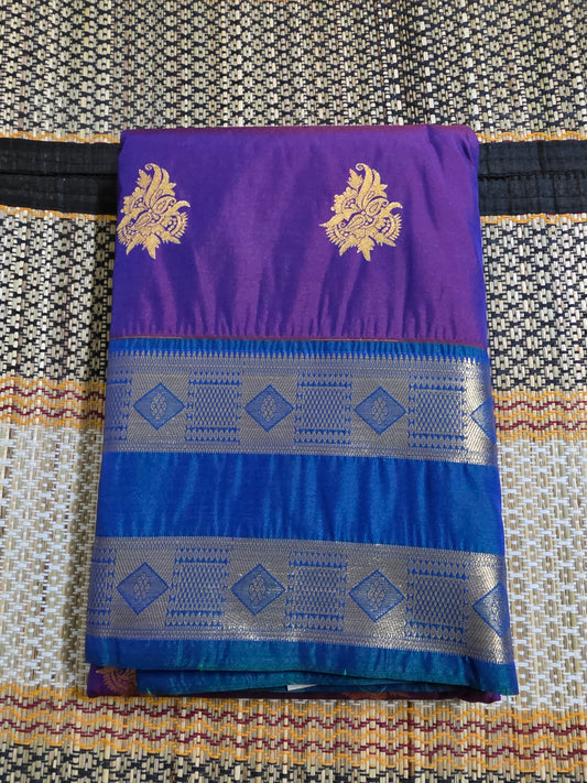 Purple Brocade Silk Saree with Royal Blue Zari Border - BS100013