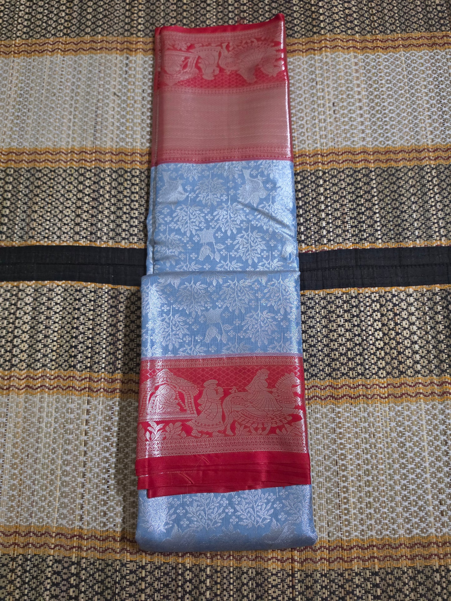 Ice Blue Bridal Silk Saree with Crimson Red Doli Motif Border - BSS100149