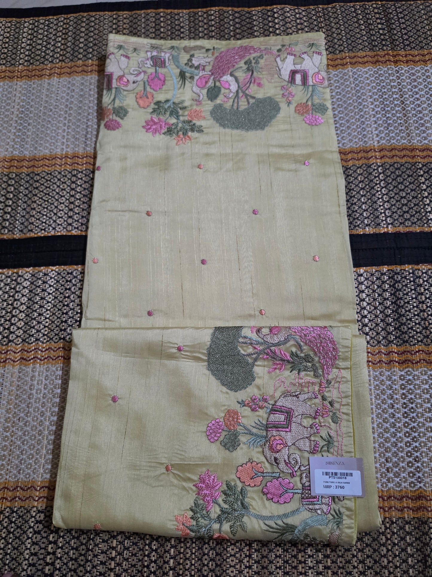 PURE TUSSAR SILK SAREE - Golden Yellow with Elephant and Peacock Thread - PTS100018