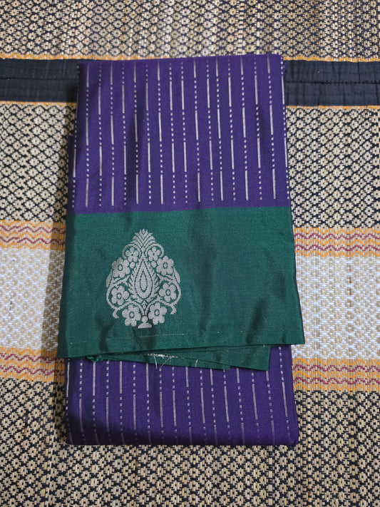 Semi Silk Saree - Purple & Emerald Zari Stripe - SSS100064