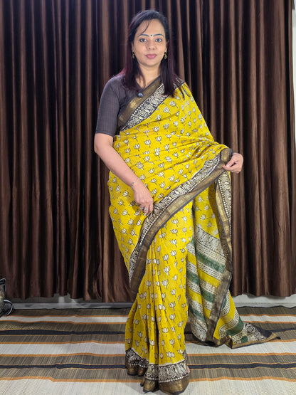 Yellow Maheshwari Silk Saree - Handblock Print - CSS100116