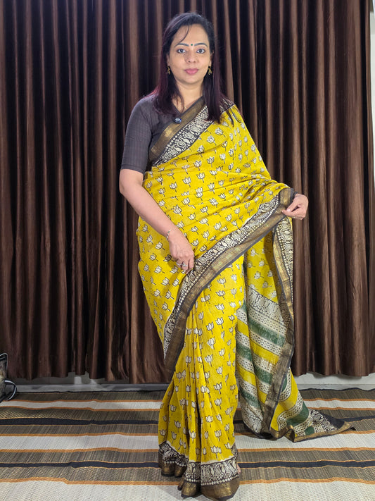 Yellow Maheshwari Silk Saree - Handblock Print - CSS100116