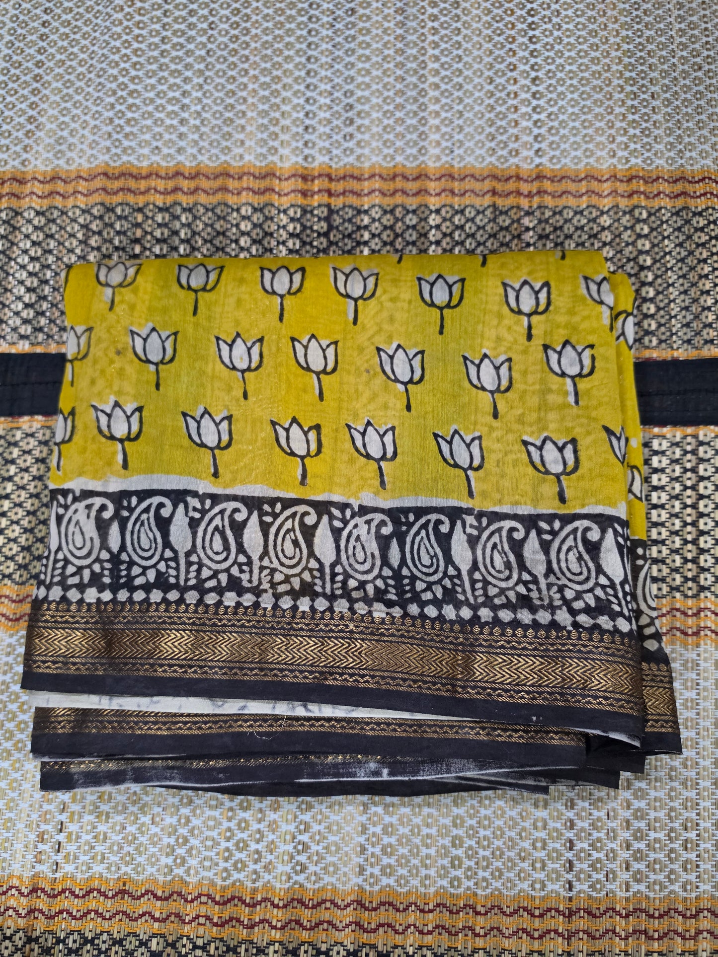 Yellow Maheshwari Silk Saree - Handblock Print - CSS100116