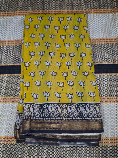 Yellow Maheshwari Silk Saree - Handblock Print - CSS100116