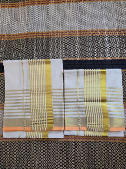 Set Mundu Traditional Kerala with Broad Gold Border and Stripes -SMP100093