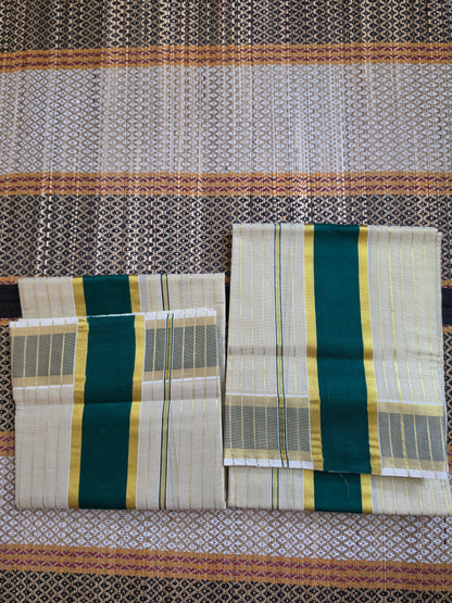 Set Mundu Dark Green and Gold Kasavu with Pinstripes - SMP100094
