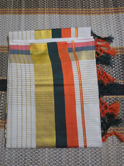 Set Saree Checks With Orange & Green Borders - SSP100117