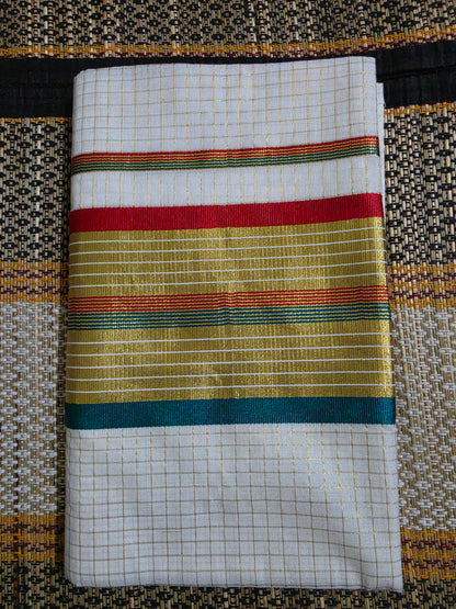 Set Saree Checks Design Golden Red & Green - SSP100119