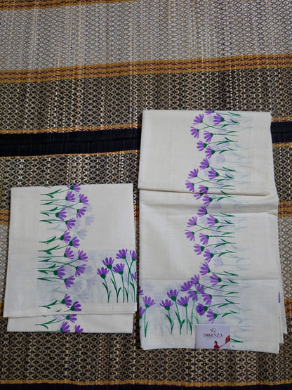 Set Mundu Off-White Floral Print with Purple Blooms - SMP100096