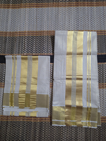 Set Mundu Check Pattern with Thick Golden Kasavu Pallu -SMP100092