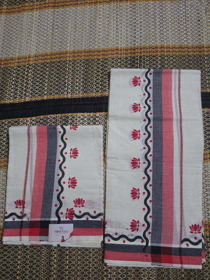Set Mundu - Pink Lotus Motif - SMP100099