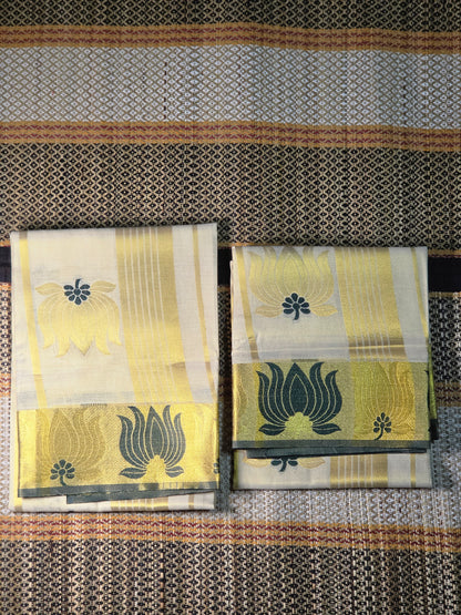 Set Mundu Single - Greeen & Golden Lotus - SMP100120