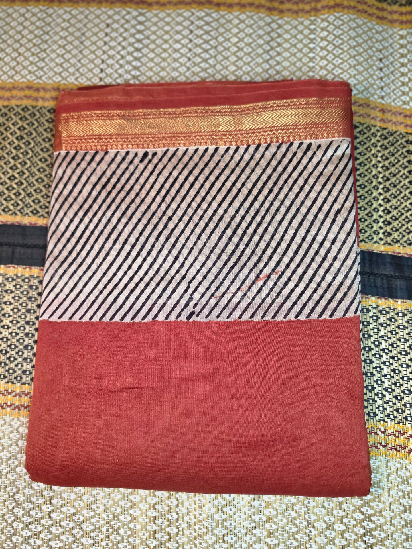 Maheshwari Silk Saree - Red with Black Stripes - Handblock Print - MSS100121