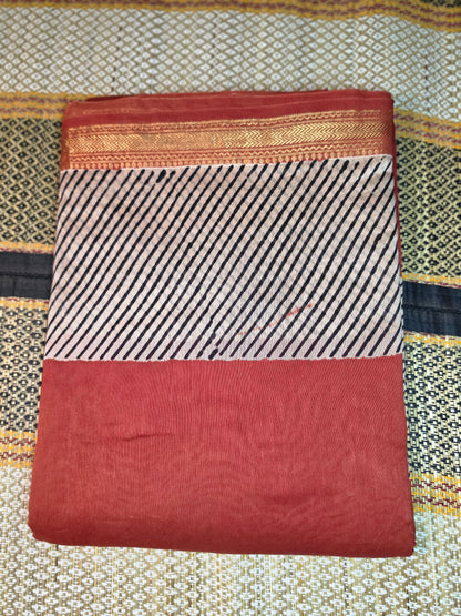 Maheshwari Silk Saree - Red with Black Stripes - Handblock Print - MSS100121