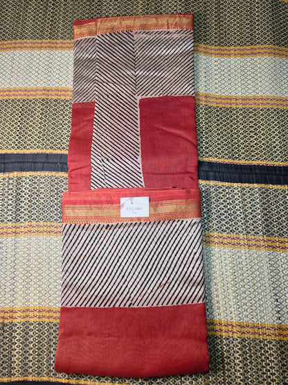 Maheshwari Silk Saree - Red with Black Stripes - Handblock Print - MSS100121