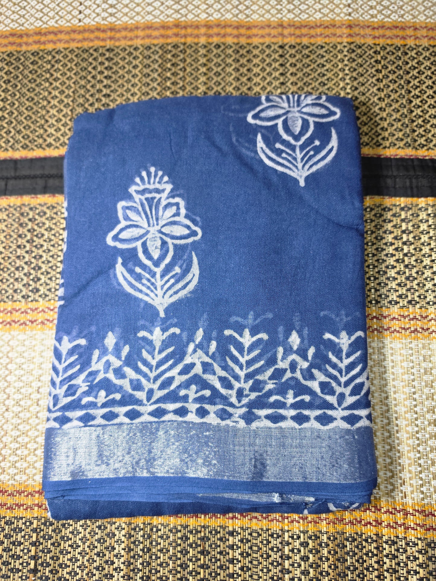 Linen Cotton Saree Indigo Blue Floral Handblock Printed - LCS1000124