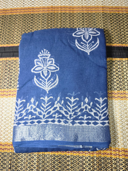 Linen Cotton Saree Indigo Blue Floral Handblock Printed - LCS1000124