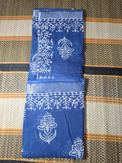 Linen Cotton Saree Indigo Blue Floral Handblock Printed - LCS1000124