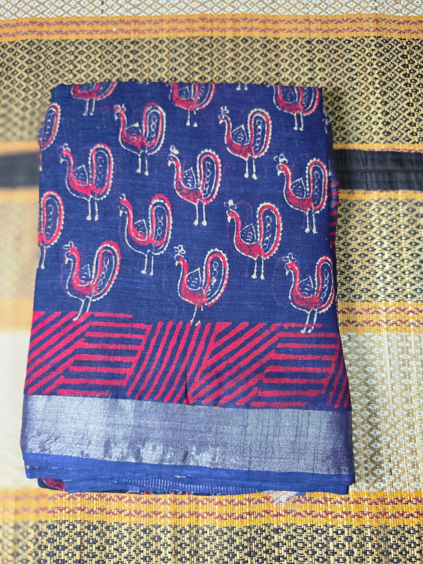 Linen Cotton Saree Indigo Blue & Crimson Red Peacock Motif Handblock Print - LCS1000125