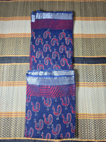 Linen Cotton Saree Indigo Blue & Crimson Red Peacock Motif Handblock Print - LCS1000125