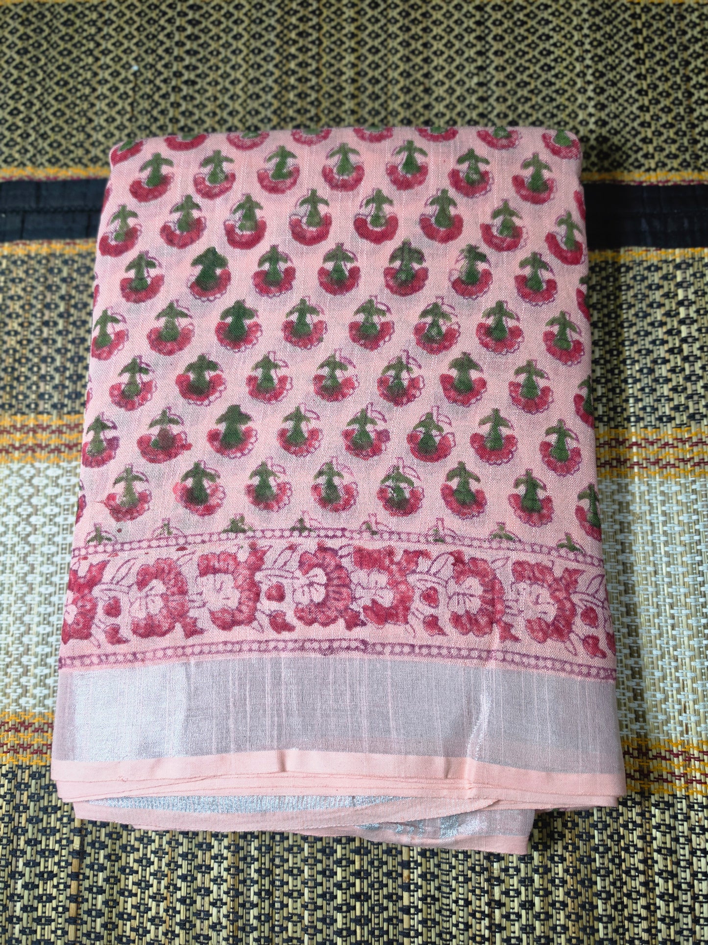 Linen Cotton Saree Blush Pink Floral Handblock Printed  - LCS1000126