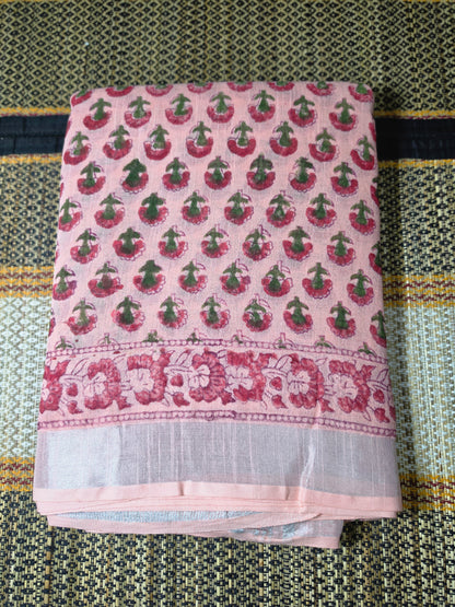 Linen Cotton Saree Blush Pink Floral Handblock Printed  - LCS1000126