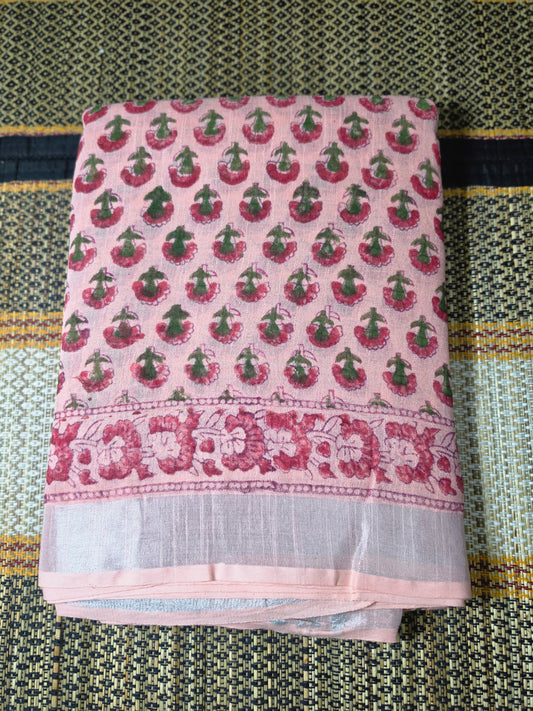 Linen Cotton Saree Blush Pink Floral Handblock Printed  - LCS1000126