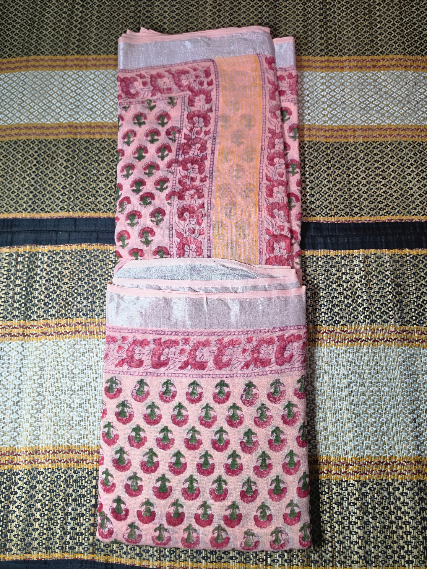Linen Cotton Saree Blush Pink Floral Handblock Printed  - LCS1000126
