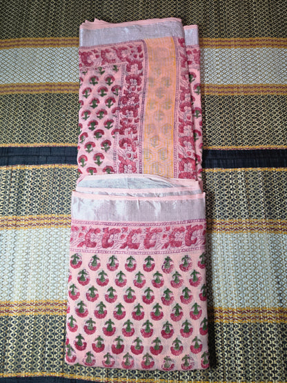 Linen Cotton Saree Blush Pink Floral Handblock Printed  - LCS1000126
