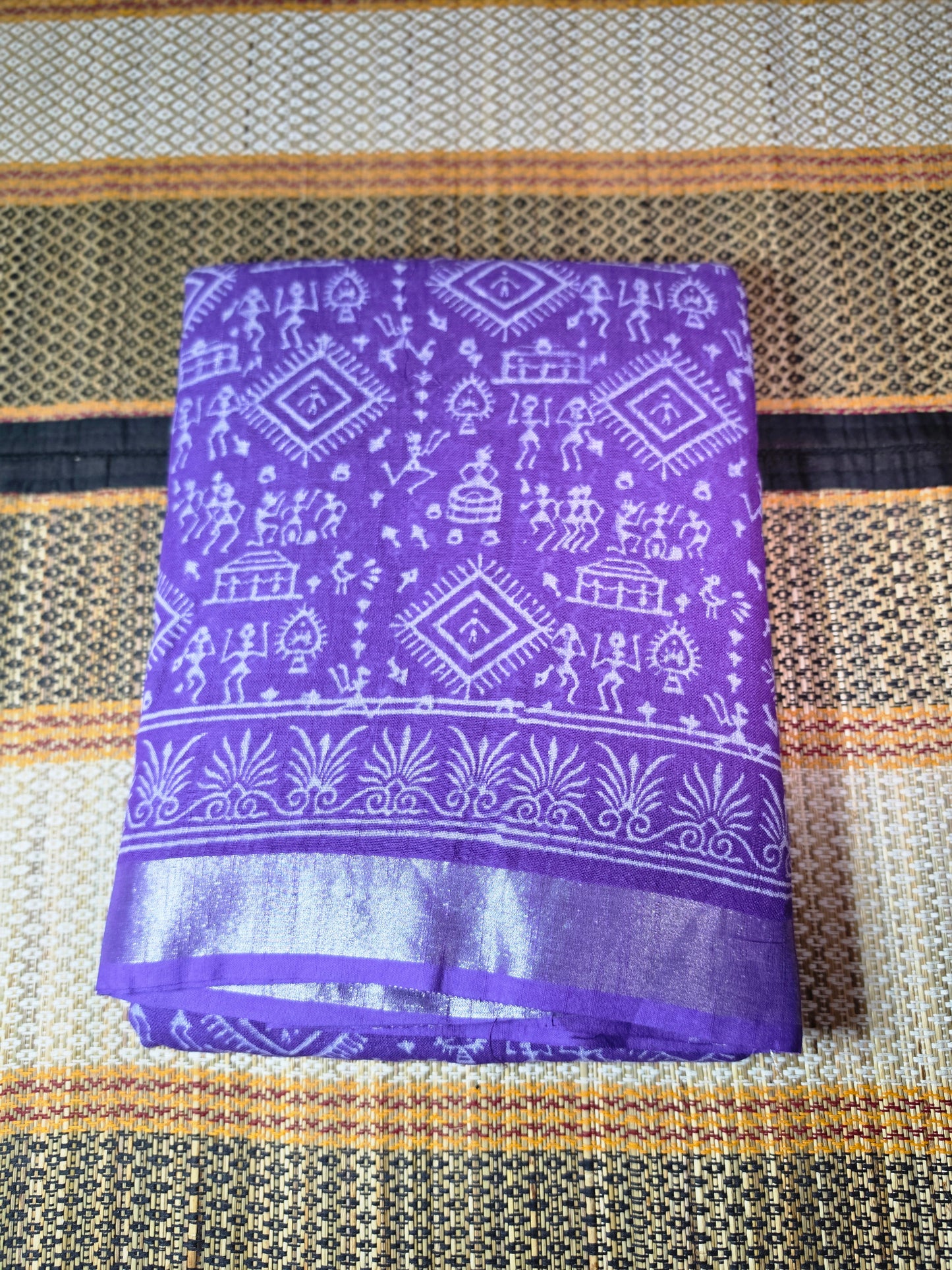 Linen Cotton Saree Vibrant Purple Warli Art Handblock Printed - LCS1000127