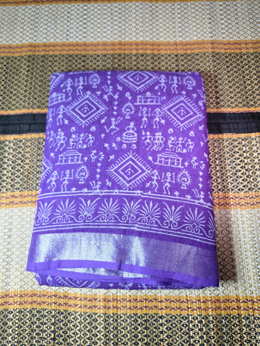 Linen Cotton Saree Vibrant Purple Warli Art Handblock Printed - LCS1000127