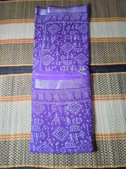 Linen Cotton Saree Vibrant Purple Warli Art Handblock Printed - LCS1000127