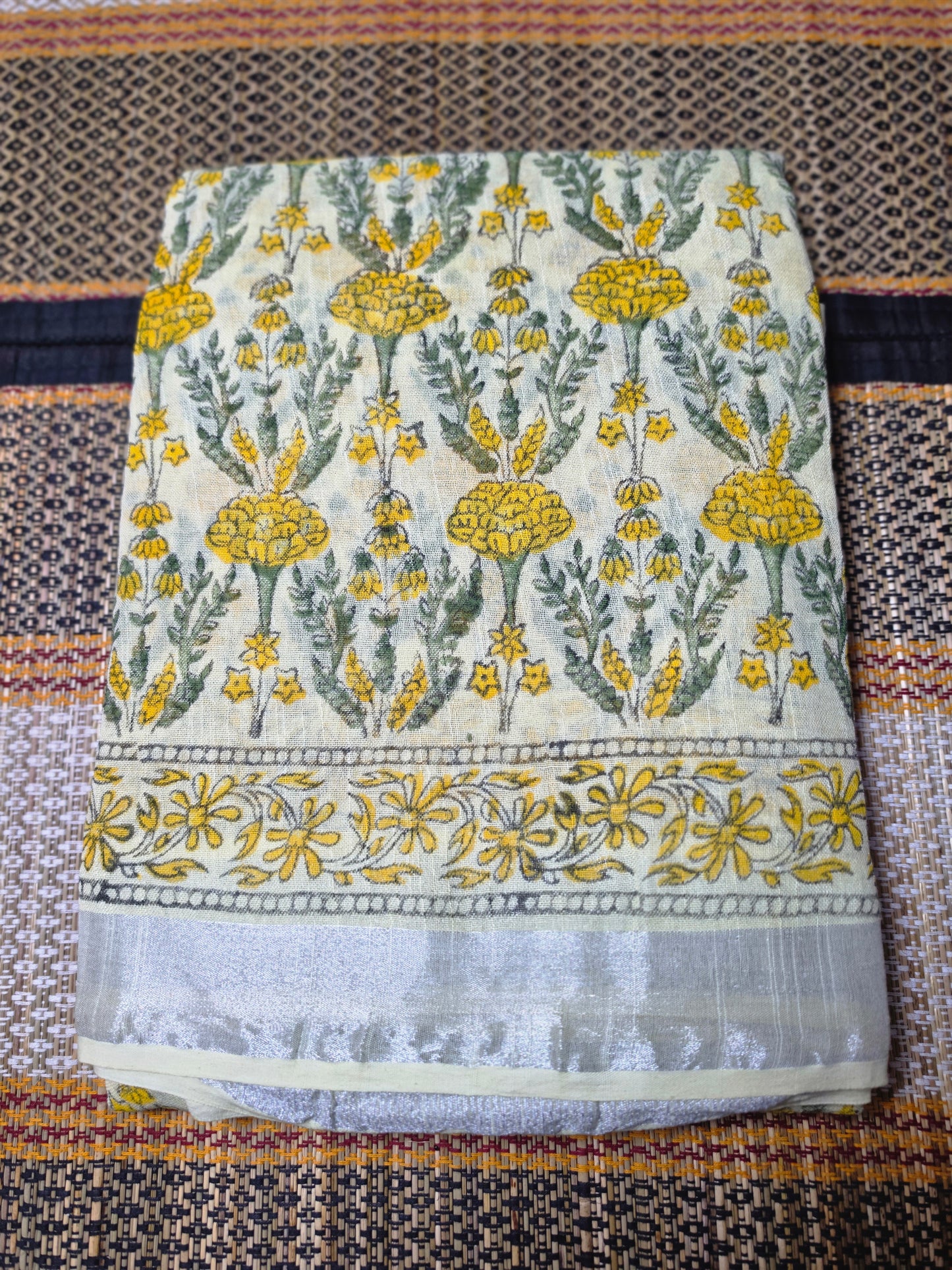Linen Cotton Saree Cream & Yellow Floral Handblock Printed - LCS1000128
